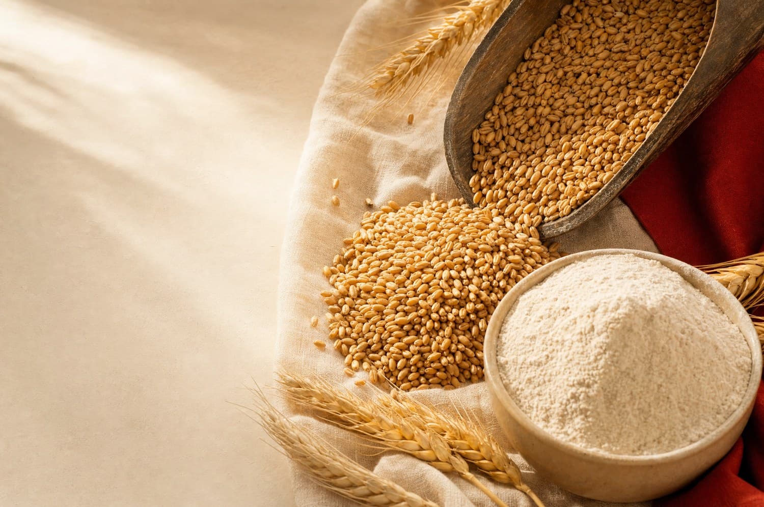 Golden wheat grains and a bowl of flour in warm natural light