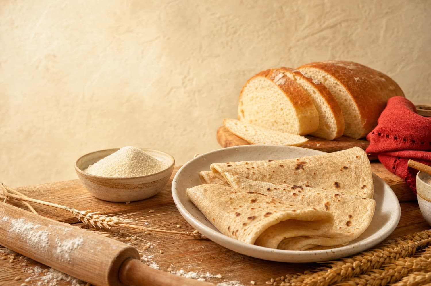Fresh chapatis, bread, semolina and wheat prepared for everyday cooking