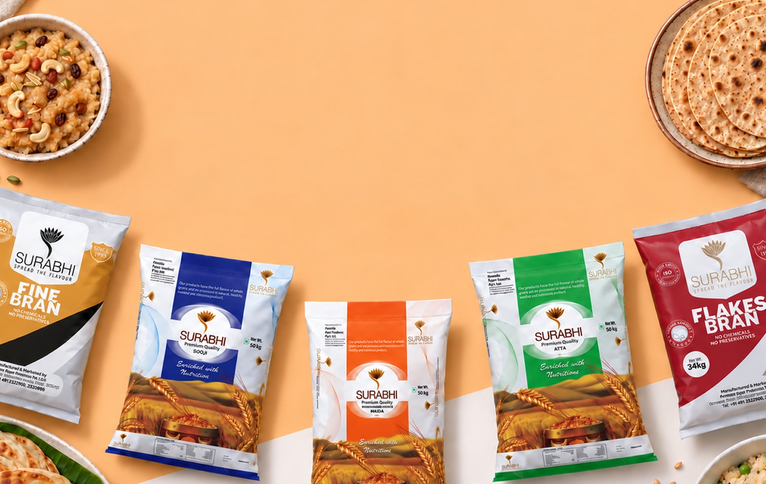 Surabhi Fine Bran, Sooji, Maida, Atta and Flakes Bran packs surrounded by dishes made with them