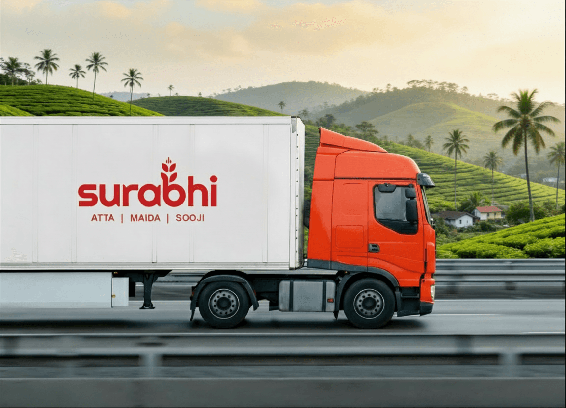 A Surabhi delivery truck driving through the green hills of Kerala